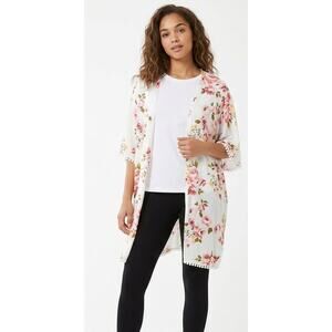 UNBRANDED Women's Kimono Floral ONE SIZE Pink White Lightweight